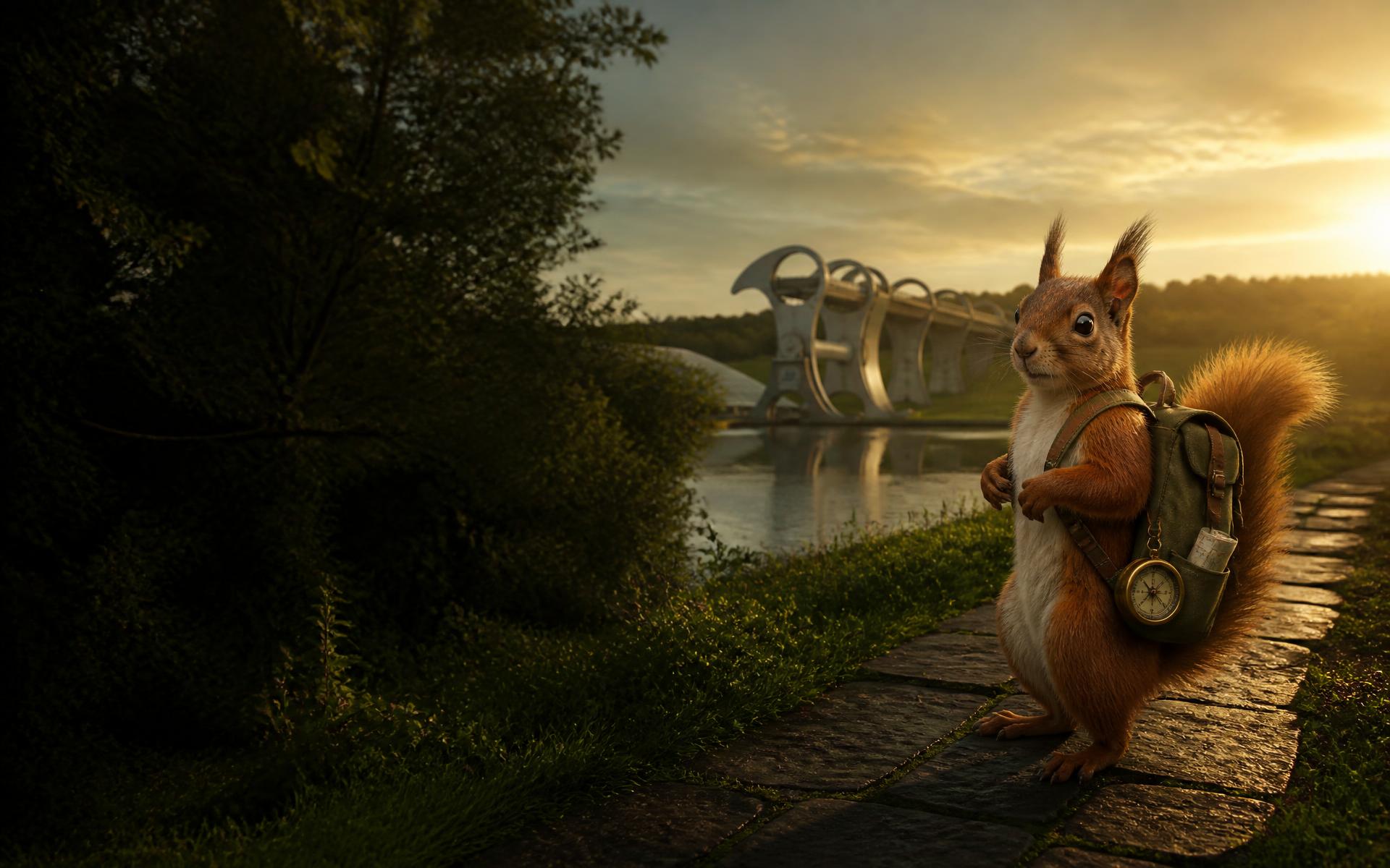 Pip the Wheelside explorer beside the Falkirk Wheel at golden hour